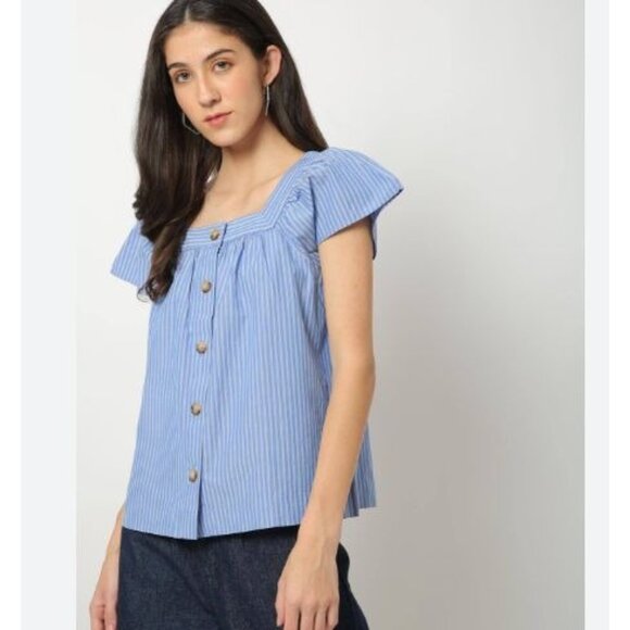 Gap Blue & White Stripe Square Neck Button Down Short Sleeve Top XS - Picture 1 of 5